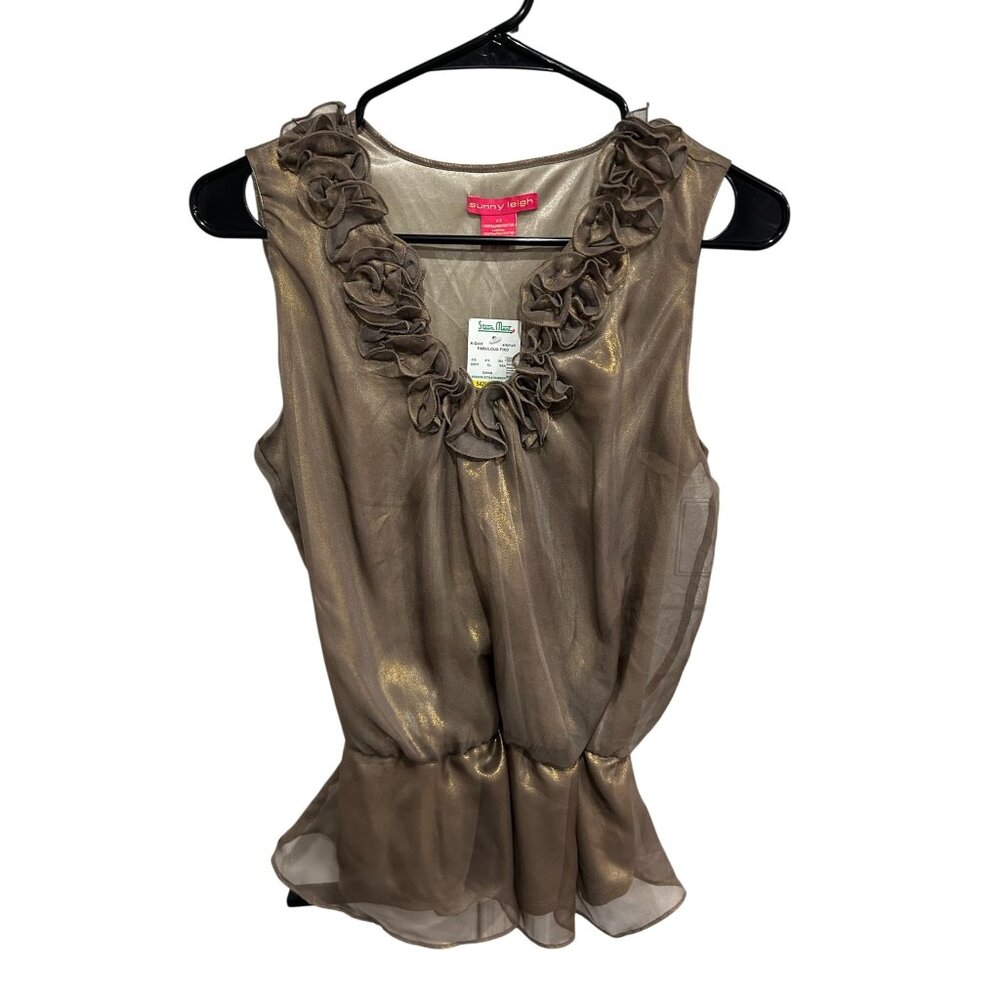 Sunny Leigh Ruffle Trim Peplum Hem Gold Sheer Sleeveless Top Size XS NWT
